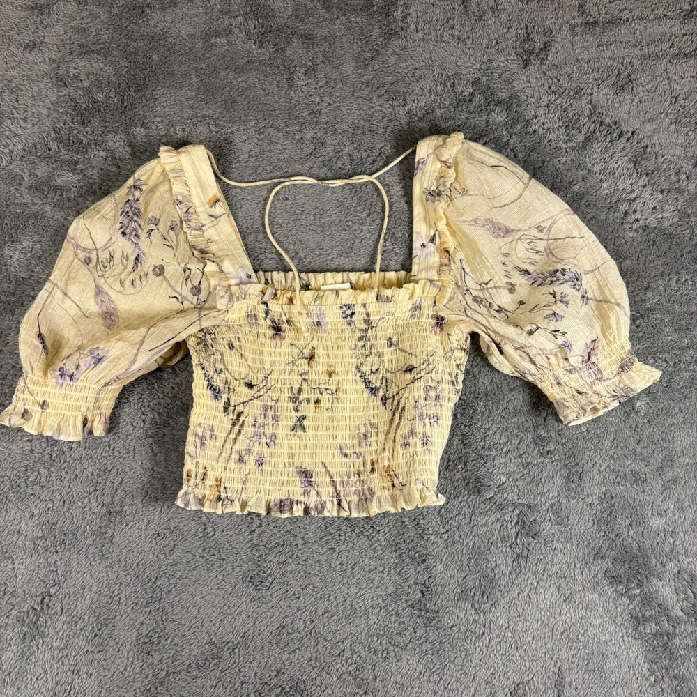 HM Smocked Floral Puff Sleeve Crop Top Yellow Purple Cottagecore Small